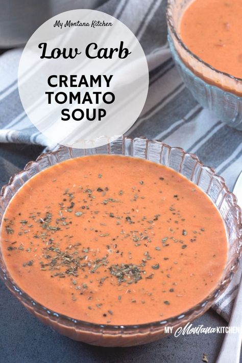 Cream cheese makes this low carb tomato soup extra creamy, while basil gives it a zesty flavor! This easy soup recipe uses no special ingredients and makes a great healthy family meal idea! #trimhealthymama #lowcarb #thm #healthydinneridea #healthysoup #creamytomatosoup #tomato #soup #trimhealthymamasoup #lowcarbsoup #easylowcarblunch Creamy Tomato Soup With Cream Cheese, Tomato Soup Cream Cheese, Cream Cheese Tomato Soup, Creamy Soups For Liquid Diet, Tomato Soup With Cream Cheese, Low Carb Tomato Soup, Soup With Cream Cheese, Healthy Family Meal, Comfort Soups