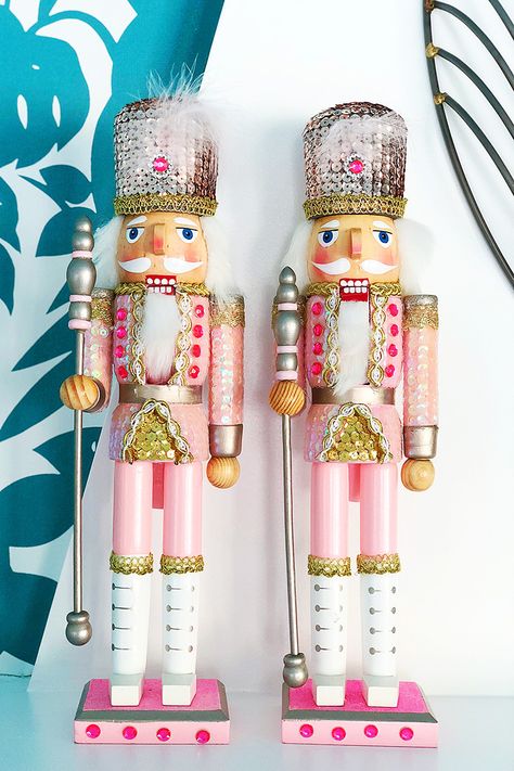 two pink nutcrackers Pink Nutcracker Christmas, Rose Gold Christmas Decorations, Pink Nutcracker, Nutcracker Christmas Decorations, Retro Christmas Decorations, Rose Gold Christmas, Pink Xmas, Pink Christmas Decorations, Gold Christmas Decorations