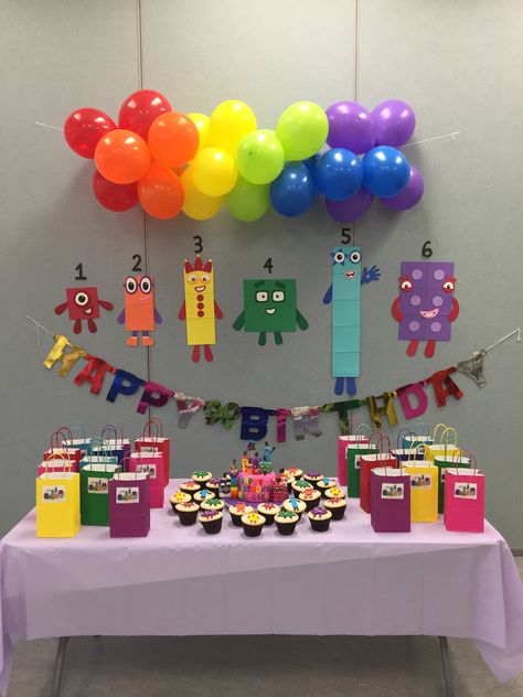 Numberblock Party Ideas, Numberblocks Balloons, Numberblocks Birthday Party Food, Alphablocks Birthday Party, Numberblocks Party Ideas, Number Blocks Birthday Party Ideas, Number Blocks Party Ideas, Number Blocks Cookies, Numberblocks Birthday Party Ideas