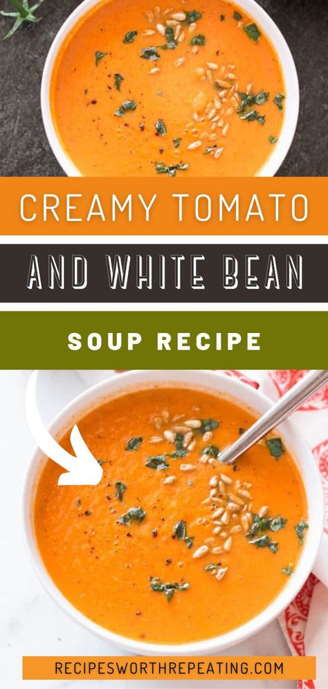 White Bean Soup With Tomatoes, Tomato Cannellini Bean Soup, Blended Bean Soup, Tomato Soup With White Beans, White Bean And Tomato Soup, Tomato And White Bean Soup, Canned Cannellini Bean Recipes, Canned White Bean Recipes, Tomato Bean Soup