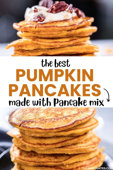 Use this recipe to make pumpkin pancakes with your favorite pancake mix. Homemade Pumpkin Pancakes, Fluffy Pumpkin Pancakes, Pumpkin Pancakes Easy, Pureed Pumpkin, Spice Pancakes, Meals Kids Love, Christmas Brunch Recipes, Pumpkin Spice Pancakes, Pumpkin Pancake Recipe