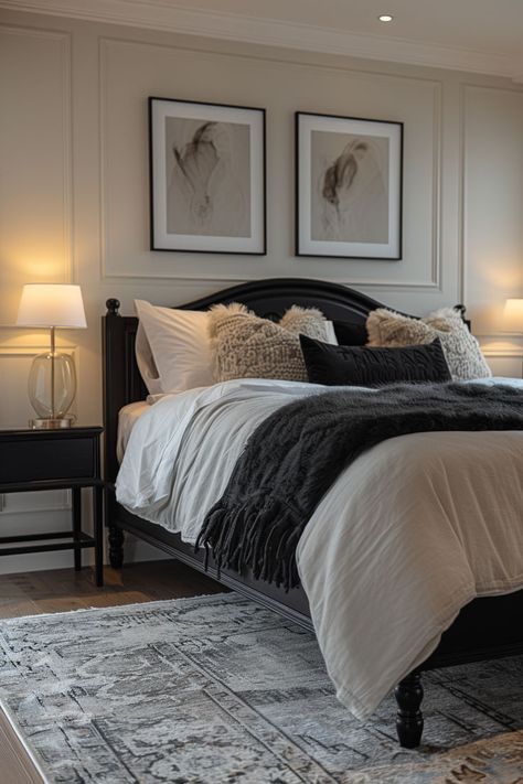 bedroom design, black and neutral bedrooms, bedroom decor, bedroom inspo, neutral bedrooms Black And Sand Bedroom, Dark Neutral Bedroom Aesthetic, Beige Bedroom Black Accents, Black And Beige Bedroom Decor, Black And Oak Bedroom, Taupe And Black Bedroom, Neutral Bedroom Black Accents, Black And Taupe Bedroom, Bedrooms With Black Furniture