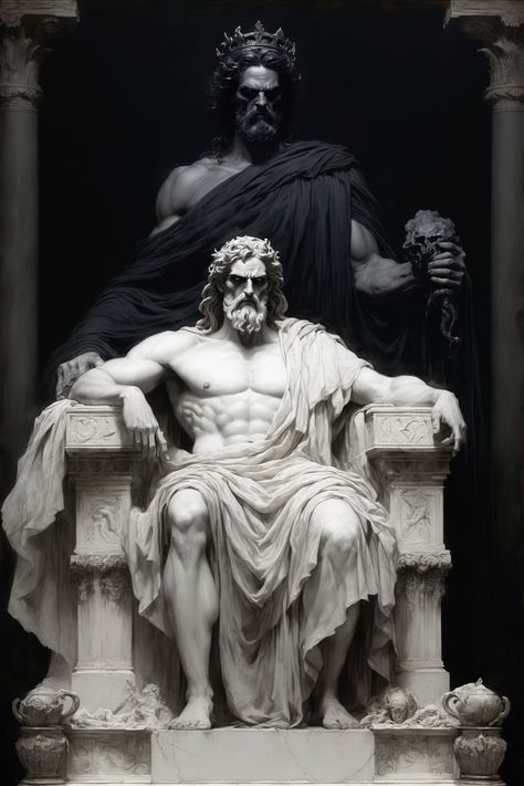 Hades: Dark Lord and Judge of Souls  Seated on his throne amid columns, Hades symbolizes authority over the underworld. His black cloak and stern gaze inspire reverence, while the skulls below remind us of his judgment over souls. This scene reveals the dark magic and justice of Hades. This image was generated using Stable Diffusion. #HadesJudge #Underworld #DarkRealm Hades Helm Of Darkness, Greek Gods Wallpaper Iphone, Greek Underworld Art, Greek Throne, Hades Greek God Art, Hades Throne, Hades Underworld Aesthetic, God Throne, Greek Mythology Hades