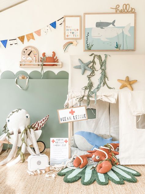 Life Aquatic Nursery, Ocean Inspired Nursery, Ocean Boys Room, Under The Sea Toddler Room, Ocean Theme Kids Room, Sea Creature Bedroom, Toddler Ocean Room, Baby Room Sea Theme, Ocean Themed Kids Room