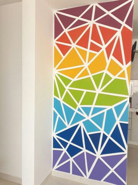 Room Wall Pattern Ideas, Rainbow Geometric Wall, Geometric Wall Paint Patterns, Rainbow Wall Painting, Geometric Wall Paint, Wall Paint Patterns, Paint Patterns, Rainbow Diy, Diy Wall Painting