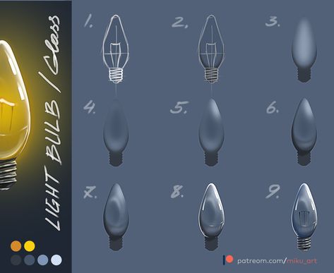 How to draw light bulb and glass photoshop tutorial How To Draw Glass Procreate, Glass Drawing Digital, Draw Glass Tutorial, How To Color Glass Digital Art, Glass Coloring Tutorial, Glass Shading Tutorial, How To Paint Glass Digital Art, Glass Effect Drawing, How To Draw Shading