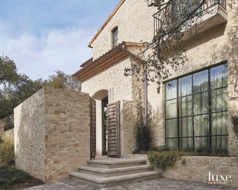 Rustic Stone House, Crittall Windows, Mediterranean Farmhouse, Entry Courtyard, Limestone House, Modern Tuscan, Austin Stone, Stone Exterior Houses, Crittal Windows