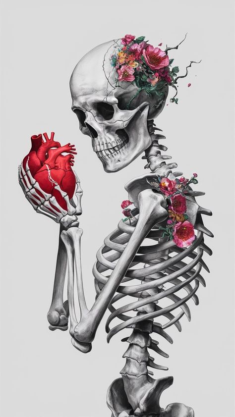 Skeleton And Heart Tattoo, Skeleton With Flowers Growing Out Of It, X Ray Painting, Flowers Growing Out Of Skeleton, Skeleton Holding Flowers Tattoo, Skull With Flowers Growing Out Of It, Skeleton Flower Art, Skeleton Holding Heart, Skeleton Holding Flowers