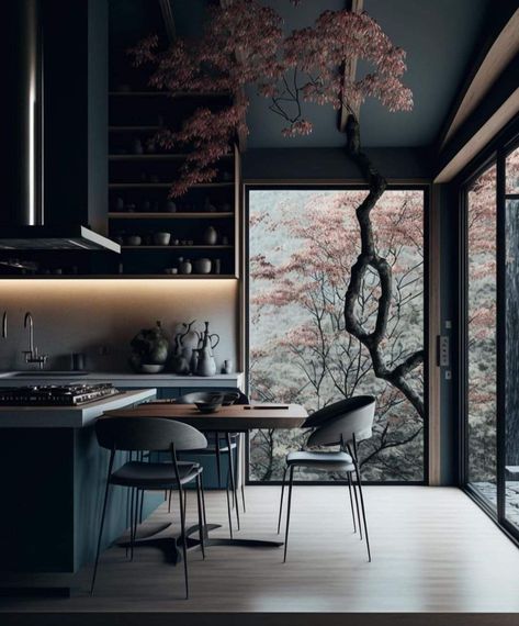 Dark Japandi Interiors, Japanese Inspired Kitchen, Black Architecture, Dark Interior Design, Luxurious Houses, Japandi Interiors, Mansion Interior, Japanese Interior, Dark Interiors