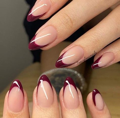 Dark Burgundy French Tip Nails, Wine French Nails, French Maroon Nails, Almond Nails Burgundy Design, French Tip Burgundy Nails, Wine Red French Tip Nails Almond, Maroon French Tip Nails Almond, Dark Red French Tip Nails Almond Design, Red Nails With Accent