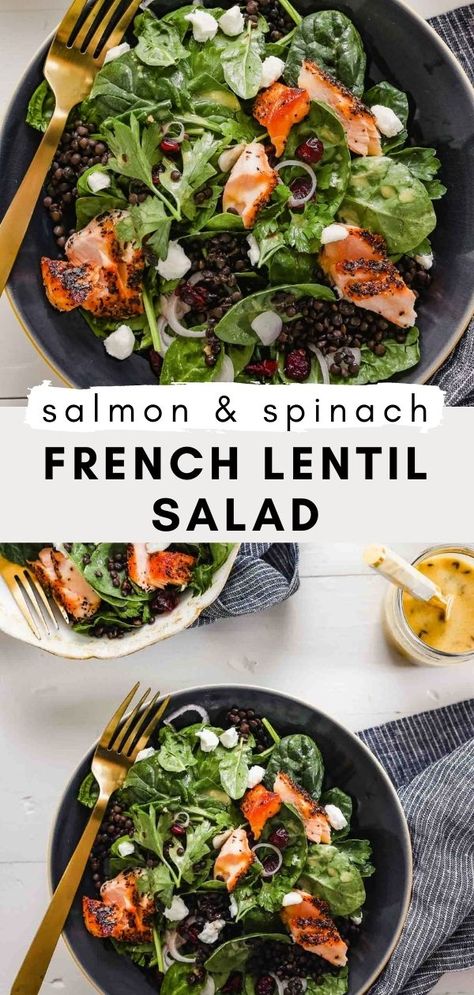 Salmon Lentil Salad, Lentil And Salmon Recipes, Lentil Spinach Salad, Lentil Salmon, French Lentil Salad, Salmon Lentils, Lentil Spinach, Savory Salmon, 30 Minute Meals Healthy