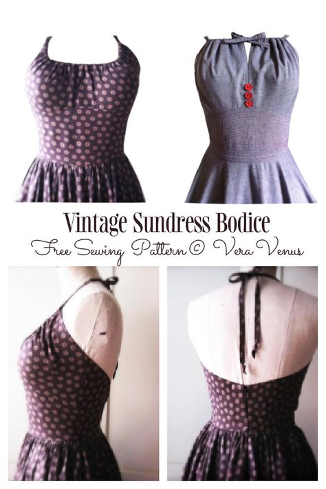 Vintage Fabric Sundress Bodice Free Sewing Pattern | Fabric Art DIY Homemade Dresses For Women Sewing, Sewing Bodice Pattern, Vintage Dresses Sewing Patterns, Diy Dress Bodice, Spaghetti Strap Dress Sewing Pattern, Homemade Dress Patterns, Diy Easy Dress Pattern, Vintage Sundress Pattern, Beginner Dress Pattern Summer