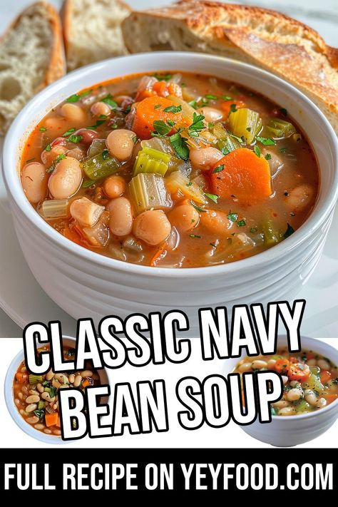 Classic Navy Bean Soup Navy bean soup is a timeless American dish that's both hearty and budget-friendly. This recipe offers a classic version simmered to perfection, bursting with flavor and perfect for chilly evenings. Navy Navy Bean Recipes, Navy Bean Soup, Navy Beans, Bean Soup Recipe, Navy Bean, Bean Soup Recipes, American Dishes, Sheet Pan Dinners, Hearty Soups