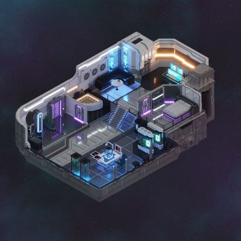 3d Sci Fi Environment, Futuristic Small House, Space House Concept Art, Alien Ship Interior, Isometric Sci Fi, Scifi Factory, Space Station Concept Art, Sci Fi House, Scifi Spaceship