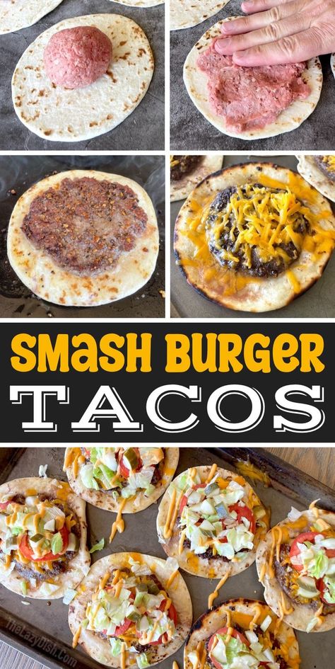 Cheeseburger Tacos, Smash Burger Tacos, Burger Tacos, Griddle Cooking Recipes, Smash Burger Recipe, Griddle Recipes, Fast Dinner Recipes, Griddle Cooking, Blackstone Griddle