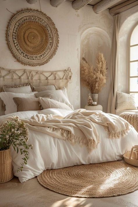 Serene Bedroom Colors, Beige Boho Bedroom, Boheme Bedroom, White And Beige Bedroom Ideas, Bedroom Ideas Beige, White Boho Bedroom, Beige Bedrooms, Yoga Bedroom, Sofa Boho