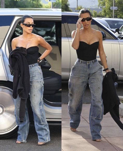 Baggy Pants And Heels Outfit, Bustier And Jeans Outfit, Jeans With Heels Outfits Dressy, Baggy Jeans And Heels Outfit, Baggy Jeans With Heels, Jeans Pants Outfit, 2025 Style, Corset Top Outfit, Jeans Heels Outfit