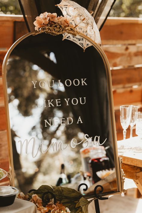 Wedding Getting Ready Mimosa Bar, Wedding Shower Mirror Sign, Bridal Shower Brunch Signs, Boozy Brunch Bridal Shower Decor, Bridal Shower Sign Mirror, Antique Bridal Shower Ideas, Bridal Mimosa Bar, Bridal Shower Bar Sign, Mimosa Brunch Bridal Shower Ideas