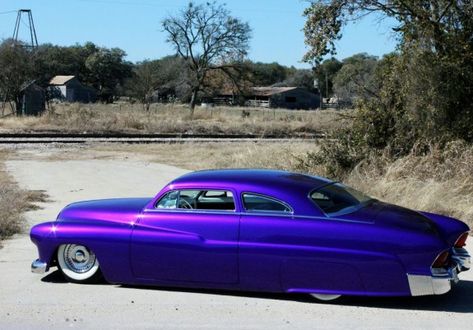 "Sweet Nadine" the 51 Mercury Coupe owned by Mercury Charlie. Can you believe Charlie was PAID $185 to pick this car up? Read more: http://www.myrideisme.com/Blog/1951-mercury-charlie/ 1951 Mercury, 51 Mercury, Purple Car, Mercury Cars, Kustom Cars, Lead Sled, Lowrider Cars, Old School Cars, Rat Rods