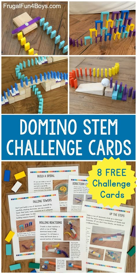 Engineering Challenges with Domino Chain Reactions (Printable Cards!) - Frugal Fun For Boys and Girls Domino Chain Reaction, Stem Challenge Cards, Engineering Challenges, Elementary Stem Activities, Steam Challenges, Stem Engineering, Steam Ideas, Stem Classes, Stem Elementary