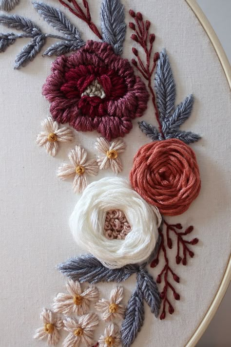 Embroidery Kit Packaging, Maroon Embroidery, Embroidery Hoop Art Diy, Ribbon Embroidery Tutorial, Hand Embroidery Patterns Flowers, Floral Embroidery Patterns, Diy Embroidery Patterns, Hand Embroidery Projects, Hand Embroidery Flowers