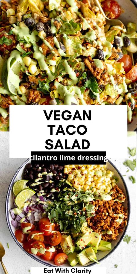 This simple vegan taco salad is fresh, easy to make, packed with protein from black beans and vegan taco meat. This vegan salad is healthy and topped with a cilantro lime vinaigrette dressing. Vegan Taco Meat, Avocado Cilantro Dressing, Vegan Taco Salad, Vegan Tacos Meat, Cilantro Lime Vinaigrette, Vegan Taco, Vegan Summer Recipes, Cilantro Dressing, Lime Vinaigrette