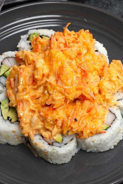 Volcano Roll Sushi Recipe {with A Lava Topping} Volcano Roll Sushi Bowl, Volcano Sushi Roll Recipe, Volcano Roll Sushi Recipes, Volcano Sauce Recipe, Sushi Sauce Recipes, Volcano Roll Sushi, Sushi Toppings, Volcano Roll, Cooking Sushi