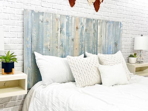 PRICES MAY VARY. [COLORWASH HEADBOARD CALIFORNIA KING] Featuring an original headboard design in a natural light blue wood plank color washed with white tones, handcrafted with real solid wood. [SIGNATURE DESIGN] A simple and beautiful minimalist handcrafted wood California King headboard design made with real solid wood, pleasing to the eye and mind. [HANDCRAFTED] Each wood board is individually hand brush-painted and stained to achieve a Farmhouse Coastal Cowgirl Aesthetic look. As they are ma Headboard Farmhouse, Solid Wood Headboard, Handmade Headboards, King Size Bed Headboard, King Bed Headboard, Blue Headboard, King Bed Mattress, Beautiful Bedrooms Master, Full Headboard