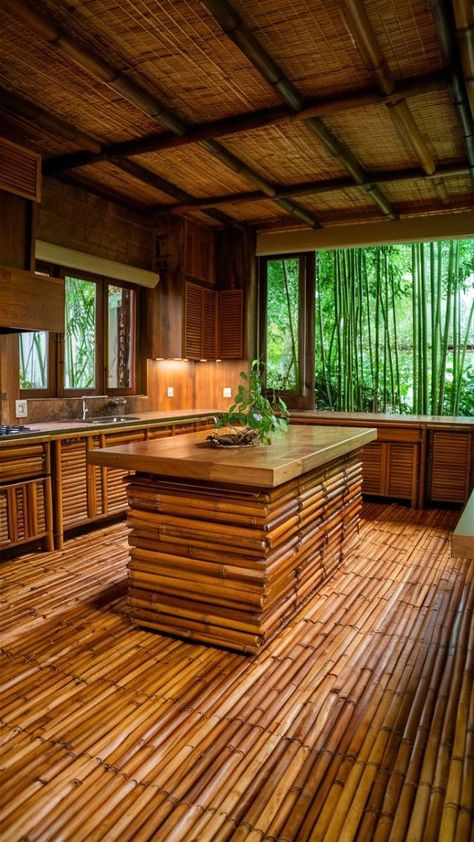 Eco friendly kitchen made out of bamboo trees Bamboo Countertop Kitchen, Bamboo Cottage, Bamboo Villa, Bamboo Furniture Diy, Bamboo Garden Fences, Sustainable Kitchen Design, Bamboo Countertop, Type Of Kitchen, Cottage Outdoor