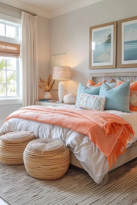 29 Coastal Room Decor Ideas for a Refreshing Makeover Coral Beach Bedroom, Pastel Boho Bedroom, Beach Bedroom Ideas Coastal Style, Victorian Living Room Decor, Mint Green Room, Green Room Design, Coastal Room Decor, Coral Bedroom, Bright Bedroom