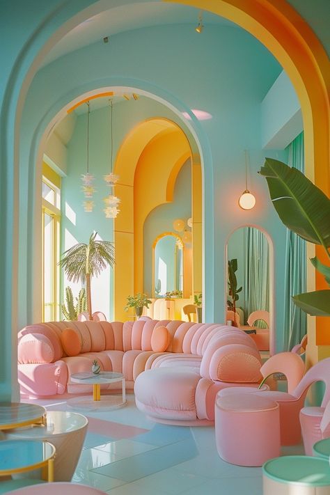 Pastel Interior Aesthetic, Living Room Pastel Aesthetic, Interior Design Pink Bedroom, Modern Memphis Interior, Pastel Colors Room Aesthetic, Postmodern Interior Design Bedroom, Fun Colorful House Interior, Crazy Interior Design Creative, Mystical Interior Design