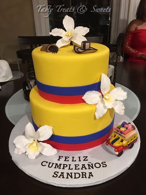 Colombian Colors Birthday Cake #Marble #Fondant #coffeebeans #Orchids #gumpaste Colombia Party Decorations, Colombian Birthday Party, Colombian Cake Decoration, Dominican Cake Decoration, Colombian Party Theme, Colombian Appetizers, Colombian Cake, Colombia Party, Marble Fondant