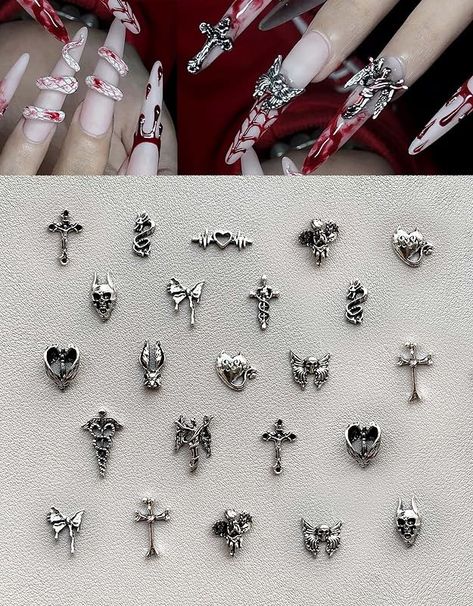 Chrome Nails Art, Germany Nails, Y2k Chrome Nails, Chrome Heart Nails, Nails Charm, Y2k Chrome, Sliver Nails, Manicure Supplies, Heart Skull