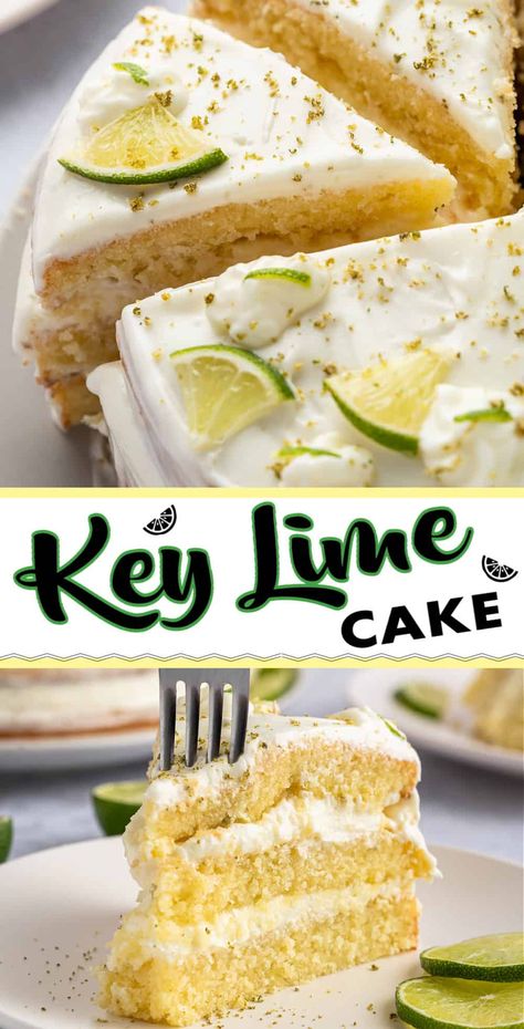 Treat yourself to a slice of paradise with our irresistible key lime cake recipe. Light and fluffy, and the perfect balance of sweet and tart, it's topped with a mouthwatering key lime cream cheese frosting. Lime Baking Recipes, Key Lime Cake From Box Cake, Key Lime Eclair Cake, Keylime Cake Recipe, Lime Pudding Recipes, Key Lime Bars Recipe, Key Lime Cream Cheese Frosting, Lime Cream Cheese Frosting, Key Lime Pie Cake