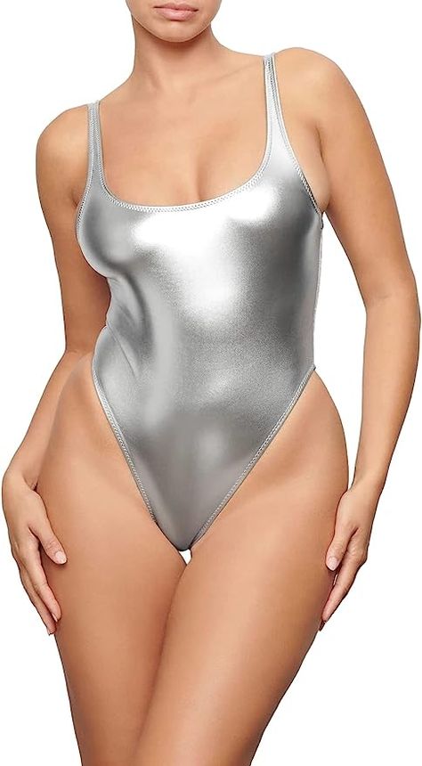 Disco Bodysuit, Metallic Swimwear, Silver One Piece, Concert Attire, Creative Outfits, Concert Fashion, Swimwear For Women, Black Gloves, Rave Wear