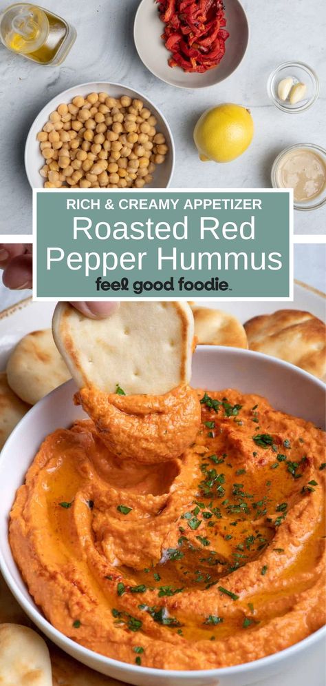 Roast Red Pepper Hummus, Hummus Recipe Red Pepper, Spicy Red Pepper Hummus, Homemade Red Pepper Hummus, Red Hummus Recipe, Garbanzo Bean Hummus Recipe, Hummus Recipe Roasted Red Pepper, Roasted Hummus Recipe, Homemade Roasted Red Pepper Hummus