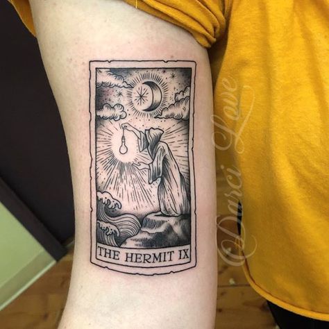 the hermit tattoo - a phase of introspection where you are drawing your attention inwards and looking for answers within - center chest The Hermit Tattoo, Hermit Tattoo, Tarot Card Tattoo Ideas, Card Tattoo Ideas, Virgo Tattoo Designs, Tarot Card Tattoo, Tarot Tattoo, Card Tattoo Designs, Virgo Tattoo