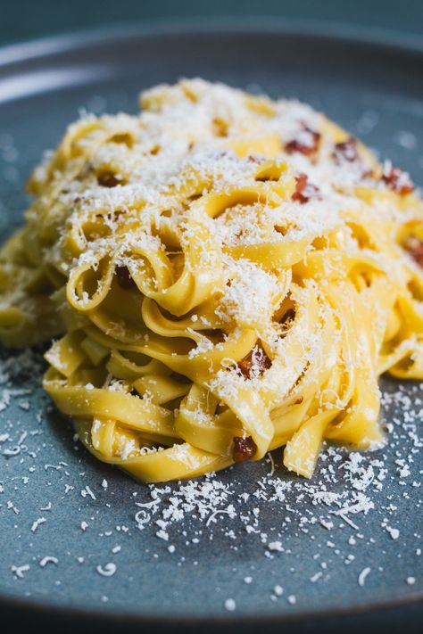 Tagliatelle Carbonara - Scoffs & Feasts Tagliatelle Recipe Healthy, Creamy Bacon Tagliatelle, Egg Tagliatelle Pasta Recipe, Tagliatelle Carbonara, Pasta Packet, Carbonara Guanciale, Tagliatelle Pasta, Italian Pasta Dishes, Cheese Stuffed Peppers