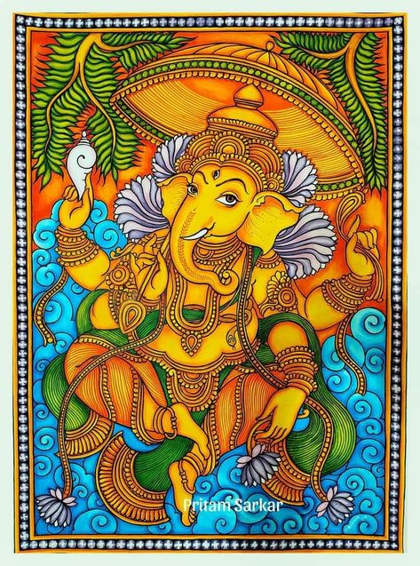 Ganapathy Mural Paintings, Madhubani Art Shiva, Indian Traditional Paintings Folk Art, Ganpati Bappa Painting Ideas, Ganesh Mural Painting, Kalamezhuthu Art, Kerala Mural Ganesha, Madhubani Art Ganesha, Ganesh Madhubani Painting