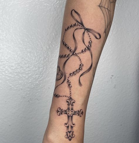 Rosary Tattoo For Women Shoulder, Rosary Anklet Tattoo, Thigh Rosary Tattoo, Rosary Tattoo Forearm Women, Fine Line Rosary Tattoo, Rosary Tattoo Thigh, Pick Of Destiny Tattoo, Tattoos With Meanings For Women, Christian Hand Tattoos