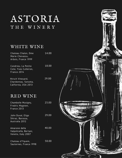 Fancy Menu Ideas, Menu Design Fancy, Wine Menu Design Layout, Elegant Menu Design Restaurant, Black And White Menu Design, Wine Menu Design Ideas, Black Menu Design, Wine List Menu Design, Fancy Menu Design