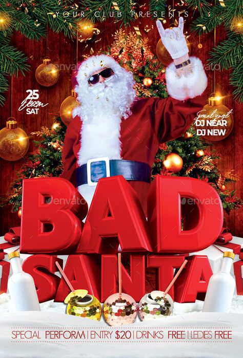 Christmas Party Flyer, Bad Santa, Graphic Design Images, Christmas Flyer, Swag Cartoon, Christmas Ad, Club Flyers, Social Media Design Inspiration, Gold Text