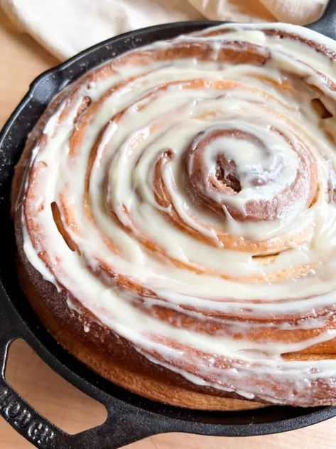 Cinnamon Roll Cast Iron Skillet, Cast Iron Cinnamon Rolls Easy, Cinnamon Rolls In Cast Iron Skillet, Camping Cinnamon Rolls, Giant Cinnamon Rolls, Rolls Homemade, Kid Snacks, Chocolate Roll, Sweet Rolls