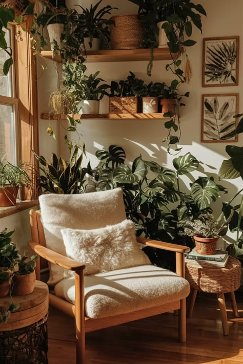 Turn a corner of your home into a peaceful reading retreat with rustic charm. Combine natural light, wooden furniture, and framed botanical artwork for a cozy and inviting vibe. #ReadingNook #CozySpaces #BohoDecor #NaturalLight #IndoorPlants Boho Room Corner, Plant Nook Small Spaces, Plant Corner With Chair, Cozy Plant Corner, Reading Room With Plants, Plant Reading Corner, Cozy Sunroom Ideas Reading Room, Earthy Reading Nook, Plant And Book Room Aesthetic