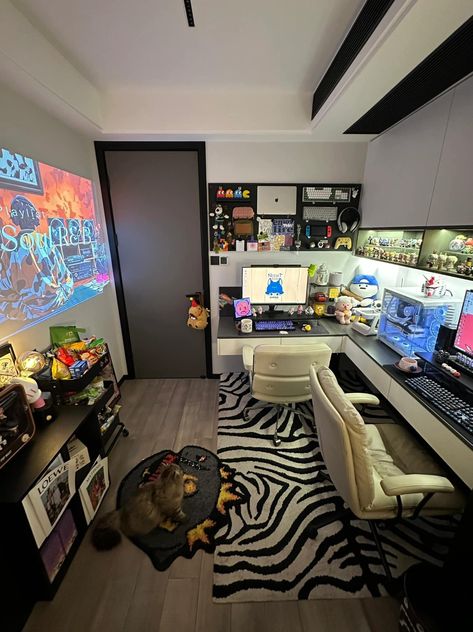 His And Her Computer Setup, Study Room Apartment, Gaming Work Setup, Shared Gaming Room Setup, Gamer Studio Apartment, Male Gaming Room, Gamer House Decor, 2 Computer Desk Setup, Studio Game Room