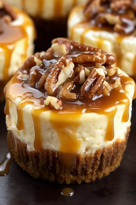 Mini Pecan Pie Cheesecakes - That Oven Feelin Mini Pecan Cheesecakes, Mini Pecan Pie, Rich Cheesecake, Mini Pecan Pies, Pecan Pie Cheesecake, Mini Cheesecake Recipes, Baking Hacks, Bite Size Desserts, Pecan Recipes