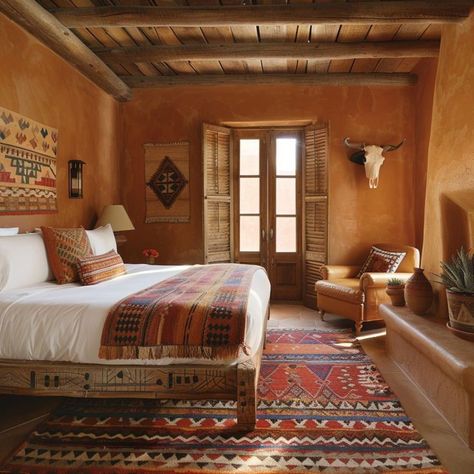 🤎 SOUTHWESTERN INTERIOR INSPIRATION Southwestern Decorating Bedroom, Unique Window Coverings, Southwestern Bedroom Decor, Southwest Room, Bedroom Window Ideas, Southwestern Interior Design, Southwest Interior Design, Southwest Interior, Western Interior Design