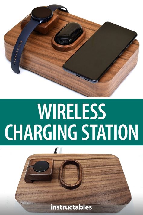 This wireless charging station can be customized to hold and charge your handheld devices. #Instructables #woodworking #workshop #woodshop #electronics #technology #dock #phone Organisation, Wood Phone Charging Station, Apple Charging Station Diy, Diy Wood Charging Station, 3 In 1 Charging Station, Phone Watch Charging Station, Diy Wireless Charging Station, Phone Charging Station Diy, Docking Station Diy