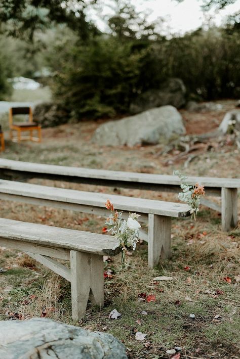 Wedding Bench Decor, Wedding Bench Seating, Casual Backyard Wedding, Bohemian Centerpieces, Wedding Bench, Wedding Cermony, Bohemian Backyard, Wood Benches, Adirondacks Wedding