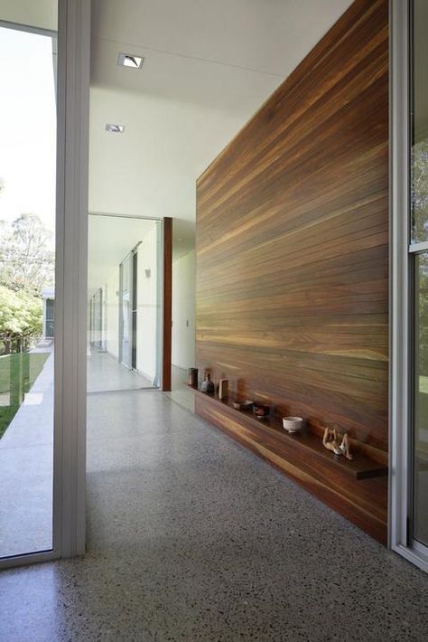 Modern Hallway Designs We Love Part Two Modern Hallway Design, Timber Feature Wall, Timber Walls, Hallway Designs, Hallway Design, Modern Hallway, Polished Concrete, Floor Design, Concrete Floors